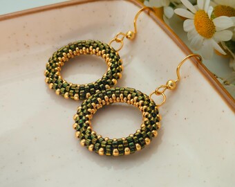 Handmade Olive Green Gold Seed Bead Hoop Earrings, Boho Dangle Jewelry