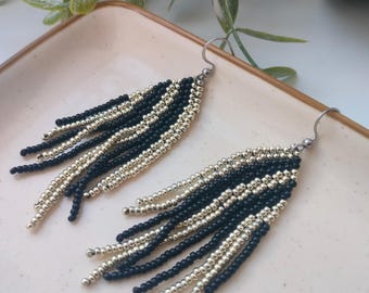 Handmade fringe earrings, black and gold long tassel earrings