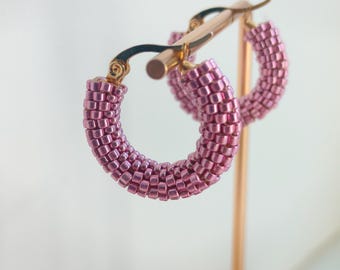 Pink Huggie Hoops, Small Dusty Rose Hoop Earrings