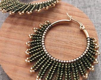 Large Hoop Earrings, Olive Green Boho Statement Seed Bead Earrings