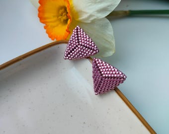 Handmade Pink Triangle Beaded Earrings, Miyuki Seed Geometric Studs