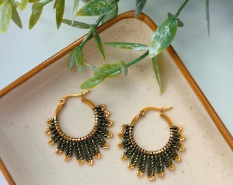 Olive Green Gold Beaded Hoop Earrings, Boho Statement Seed Bead Earrings