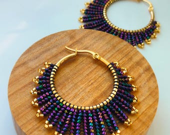 Iridescent hoop earrings, Large beaded earrings, gold and violet hoops in sunburst design