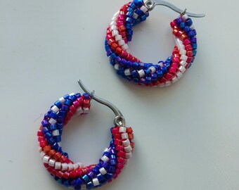 4th of July Earrings, Small Hoop Earrings, Beaded Patriotic Hoops