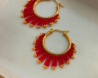 Red Beaded Hoop Earrings, Vibrant Festival Seed Bead Earrings