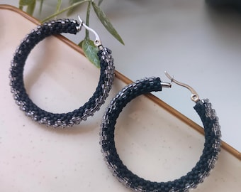Large beaded hoop earrings, Black and silver hoops, Dark academia inspired jewelry