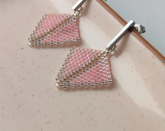 Handmade Blush Pink Miyuki Seed Bead Triangle Earrings, Pastel Dangle Jewelry