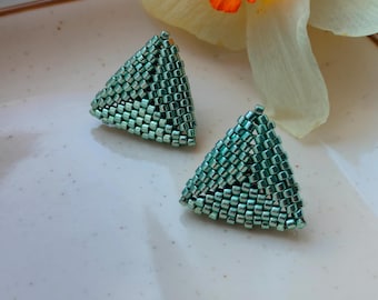 Beaded Triangle Earrings, Green Geometric Studs, Lightweight Handmade Miyuki Earrings