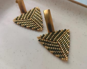 Beaded Triangle Earrings, Olive Green and Gold Geometric Earrings, Miyuki Jewelry