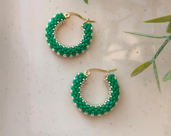 Emerald Green Beaded Hoop Earrings, Gold Huggie Hoops, Miyuki Seed Bead Jewelry