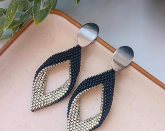 Black Silver Drop Earrings, Long Leaf Miyuki Earrings