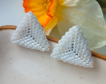 White Beaded Triangle Earrings, Miyuki Seed Bead Stud Earrings