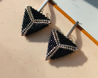 Triangle Earrings, Black and Silver Seed Bead Drop Earrings