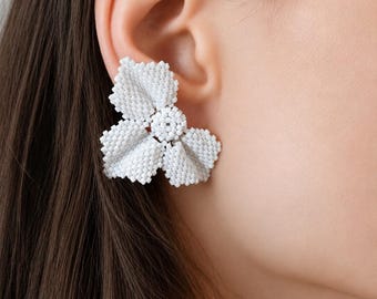 Orchid Earrings, White Flower Big Ear Studs, Handmade Miyuki Earrings