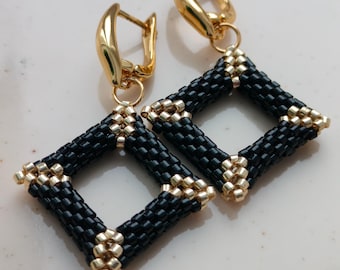 Handmade Black Gold Geometric Square Beaded Earrings, Miyuki Seed Beads