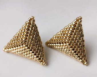 Beaded Triangle Earrings, Seed bead geometric stud earrings