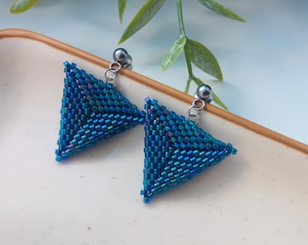 Blue Triangle Earrings, Beaded Seed Beads Dangle Earrings