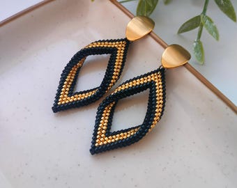 Beaded Leaf Drop Earrings, Black and Gold Geometric Miyuki Earrings, Handmade Boho Jewelry