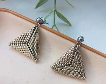 Silver Triangle Earrings, Beaded Handmade Geometric Dangle Earrings
