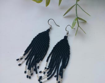 Black and Silver Fringe Earrings, Matte Witchy Earrings