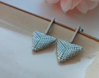 Beaded Triangle Earrings, Minimalist Silver Seed Bead Miyuki Earrings