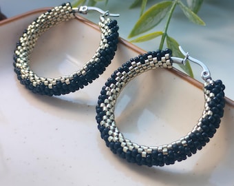 Big hoop earrings, Large black and silver hoops