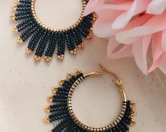 Black Gold Beaded Hoop Earrings, Boho Statement Earrings, Handmade Seed Bead Hoops, Festival Jewelry