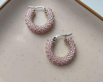 Beaded Pink Earrings, Small Blush Huggie Hoops, Pastel Earrings