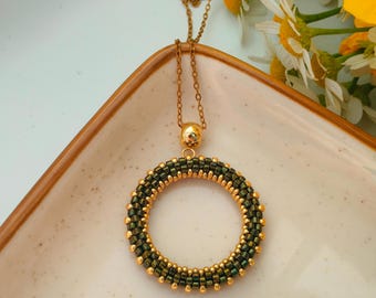 Olive Green Seed Bead Necklace, Beaded Circle Pendant, Classy Gold Round Pendant