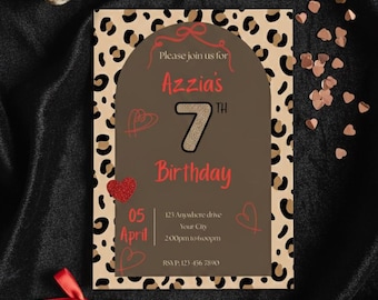 Invitación para fiesta de séptimo cumpleaños - Plantilla de descarga digital de guepardo