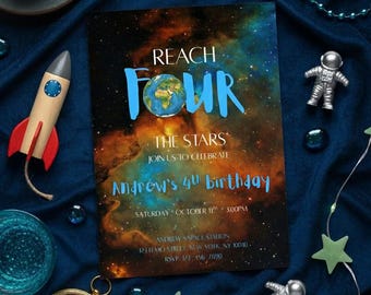 Invitación de cumpleaños para niños de cuatro años - Descarga digital con temática de galaxia