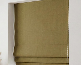 Persiana romana de lino con diseño de espiga en color oliva y mostaza, con cordón personalizado (filtración de luz o oscurecimiento).