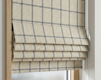 Persiana romana de lino natural a cuadros, persiana con cordón personalizada (filtración de luz o oscurecimiento)