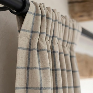 Organic Linen Curtains, Slate Blue Windowpane Check (Blackout or Light-Filtering)