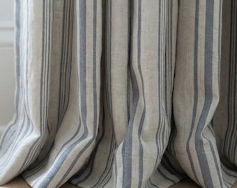 Blue Stripe Organic Linen Curtains, Natural Ivory Ticking Stripe Farmhouse Panels, Cotton Lined or Blackout, Custom Sizes