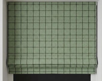 Persiana romana de lino a cuadros verde salvia, persiana con cordón personalizada, filtro de luz o opaca.