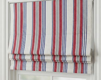 Estor romano de lino con rayas de estilo rústico, color rojo, azul marino y gris, personalizado (filtración de luz o oscurecimiento)