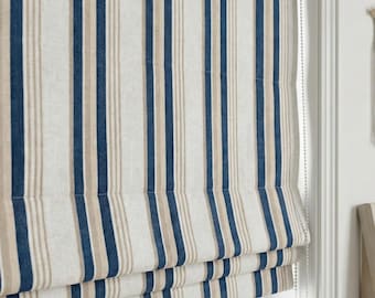 Estor romano de lino con rayas azules, persiana rústica beige azul marino (filtración de luz/opaca)