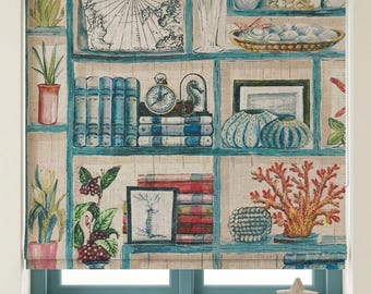 Persianas romanas náuticas para estantería, estor de lino para habitación infantil con estampado costero (opaco a medida)