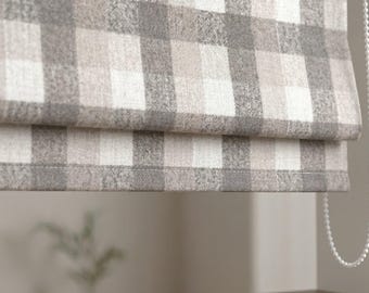 Estores romanos de lino a cuadros hechos a medida, cortinas estilo casa de campo (transparentes o opacas)