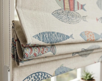 Estores romanos de lino con bordados de peces, cortina náutica para habitación infantil, decoración costera para cuarto de niños