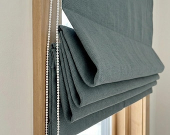 Persiana romana de lino con diseño de espiga en color verde azulado polvoriento, persiana con cordón personalizada (filtración de luz o oscurecimiento)