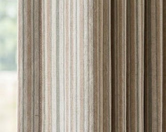 Ivory Sage Green Beige Pure Linen Curtains, Printed Ticking Stripe Farmhouse Drapes, Custom Blackout or Light Filtering Panels