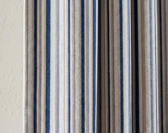 Navy Blue Pure Linen Stripe Curtains, Beige Cream Farmhouse Drapes, Custom Blackout or Light Filtering