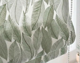 Embroidered Green Botanical Leaf Linen Roman Shade, Custom Corded Window Blind (Blackout Option)