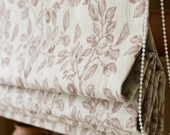 Dusty Mauve Botanical Linen Roman Shade, Custom Corded Roman Blind, Floral Vine Window Shade, Blackout or Lined