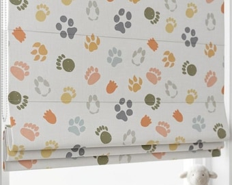 Persianas romanas infantiles con estampado de huellas de patas, cortinas de lino con estampado de coloridas huellas de animales (opción opaca).