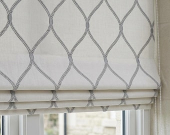 Custom White Linen Roman Shade, Pale Blue Gray Ogee Trellis Embroidered Blind, Corded Blackout or Organic Cotton Lined