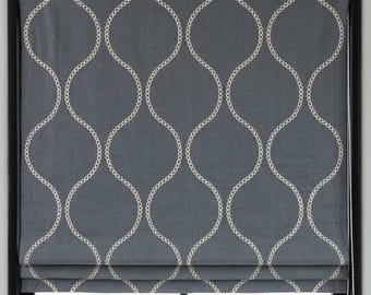 Ash Grey Linen Roman Blind with Cream Embroidery, Custom Corded Ogee Trellis Window Shade, Blackout or Light Filtering