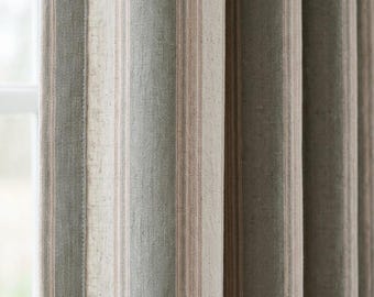 Sage Green Natural Linen Oatmeal Pure Linen Farmhouse Stripe Curtains, Tan Pinstripe Drapes, Custom Blackout or Light Filtering